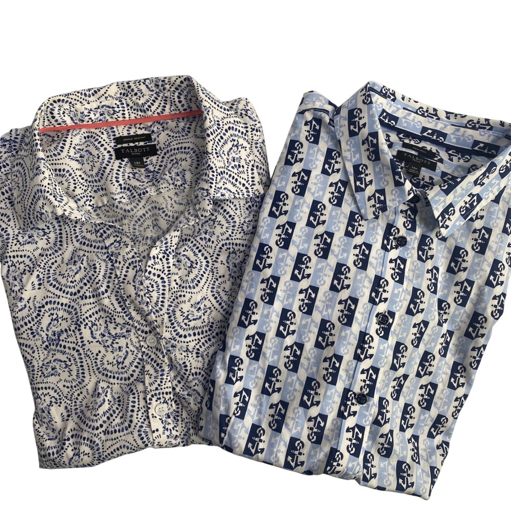 Talbots Button Down Shirts Womens 14P Blue‎ White Anchor Swirl Lot of 2 Petite
